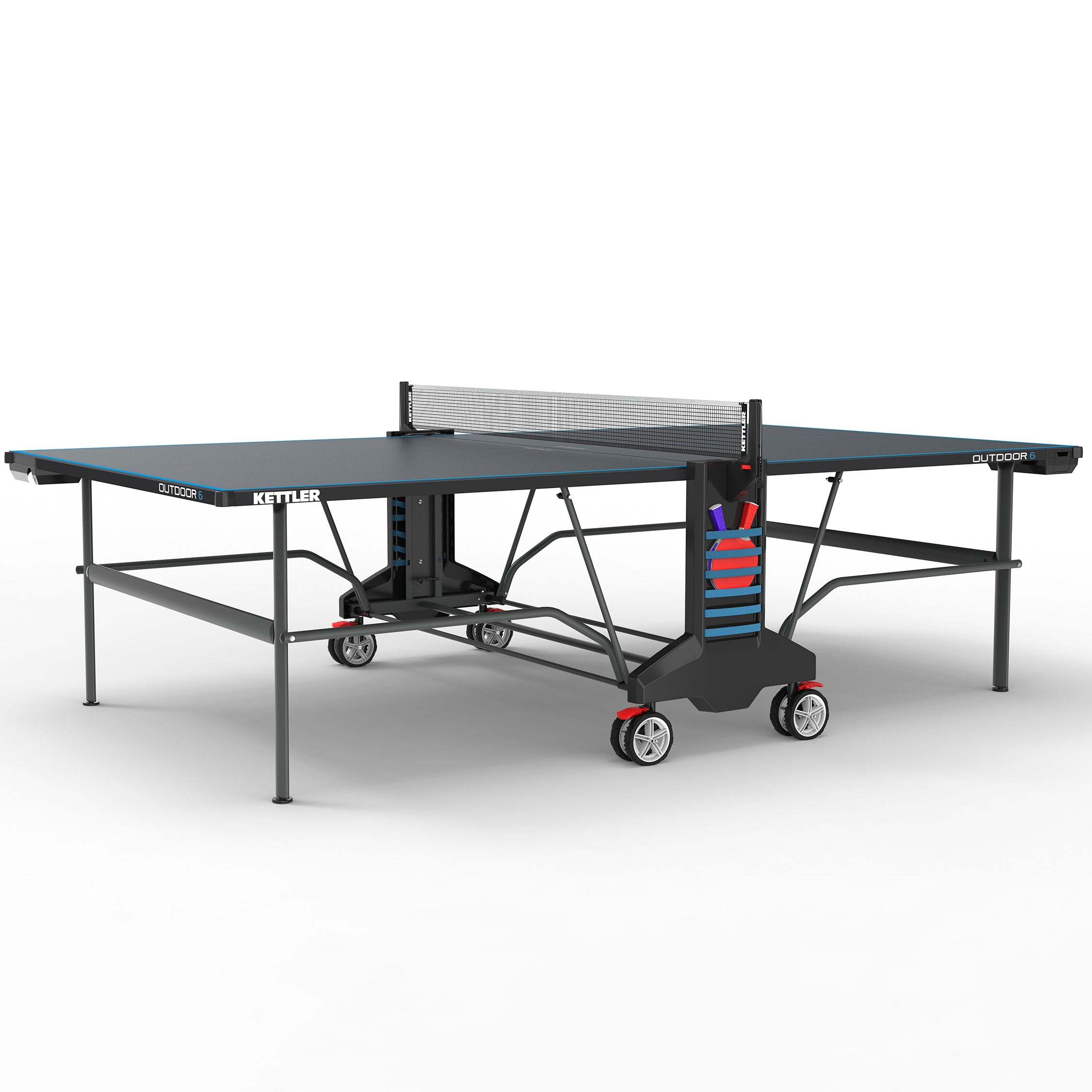 Designed in Germany outdoor table tennis table in play position  