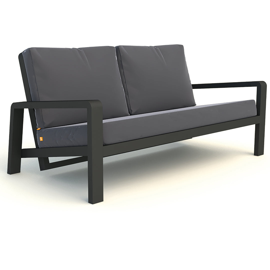 Boston Select Reclining Loveseat in lava frame with charcoal cushions, sleek design and adjustable reclining backrests.