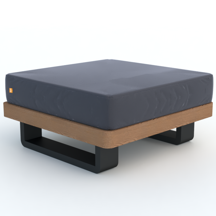 Fitz Roy Teak Ottoman with charcoal Sunbrella cushion, teak wood base, and sturdy lava aluminum frame.