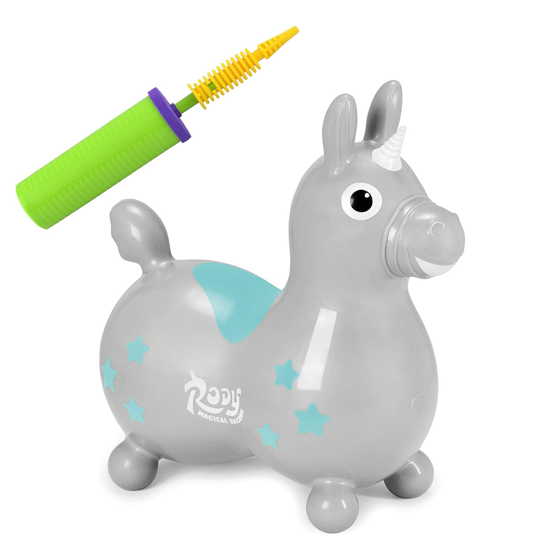 Studio image of the gray Rody Magical Unicorn and the air pump that comes with it.