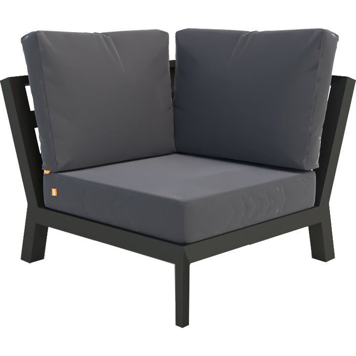 Timber Corner Conversation Set corner chair in lava frame with natte charcoal acrylic cushions for outdoor use
