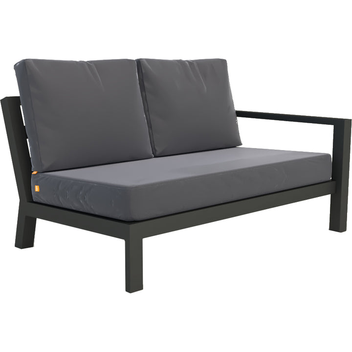 Timber Corner Conversation Set left open loveseat in lava frame with natté charcoal acrylic cushions.