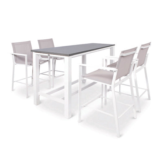 Primavera 5-Piece Bar Set - White with aluminum frame, ceramic tabletop, and white sling bar chairs for outdoor use.
