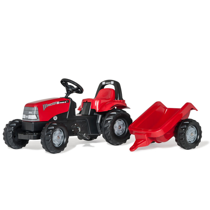 Case IH Tractor With Trailer in red, sturdy kid’s ride-on toy with detachable hauling trailer and oversized tires.