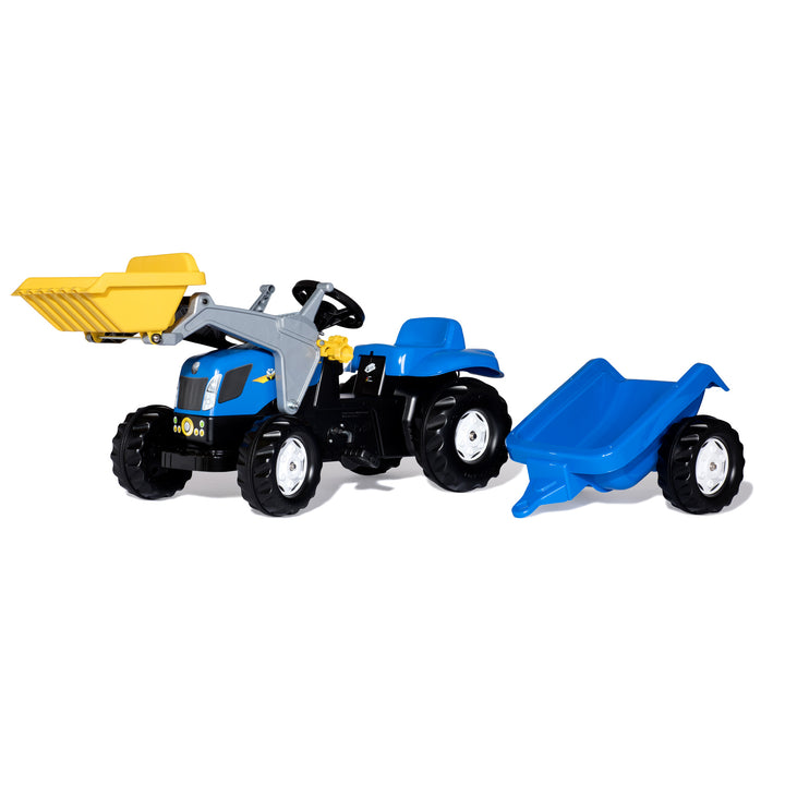 New Holland Front Load Kid Tractor w/Trailer in blue with yellow loader and detachable blue trailer for kids aged 2.5+ years