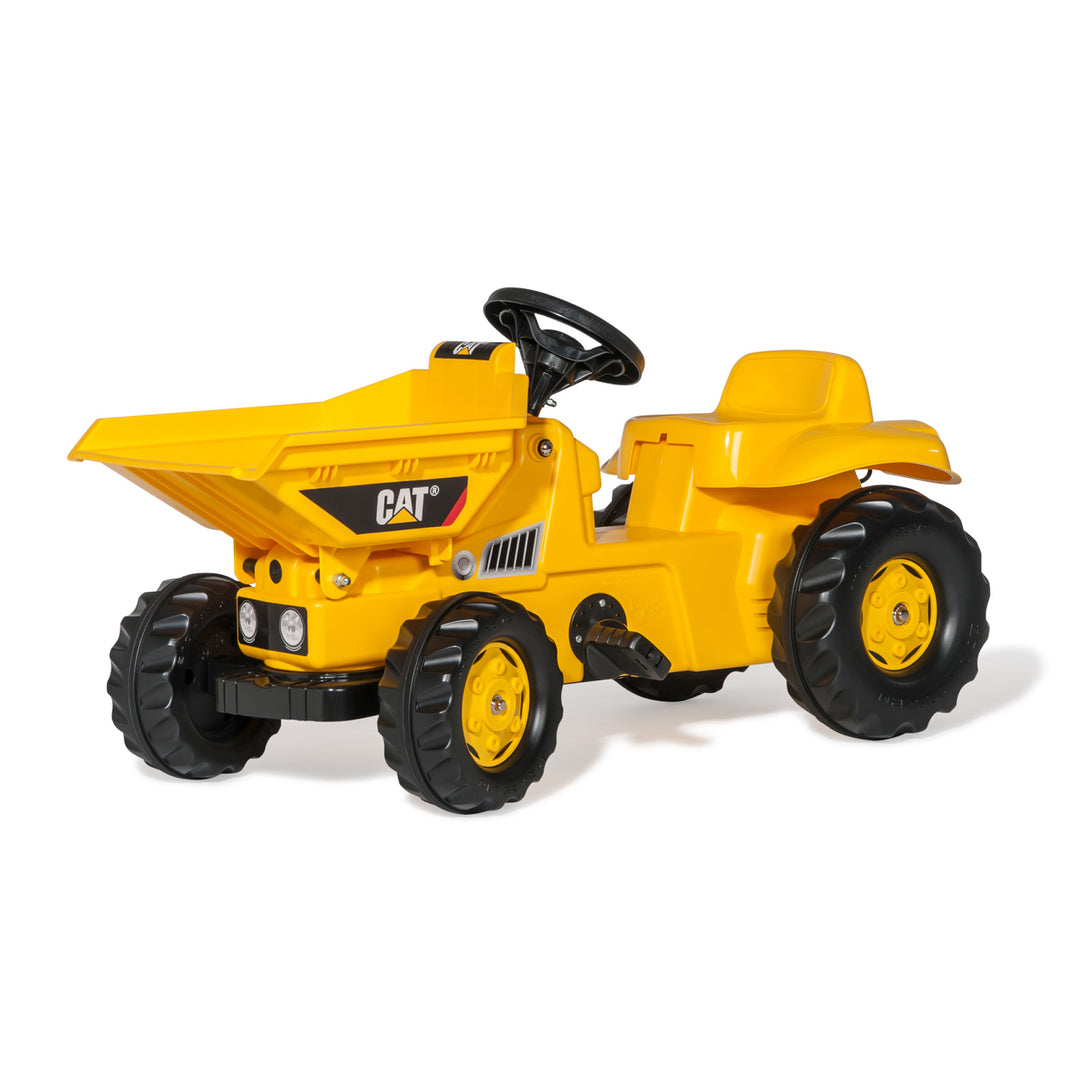 CAT Kid Dumper Pedal Tractor, yellow ride-on toy with tilting dump truck bed and large black wheels for kids 3 to 6 years.