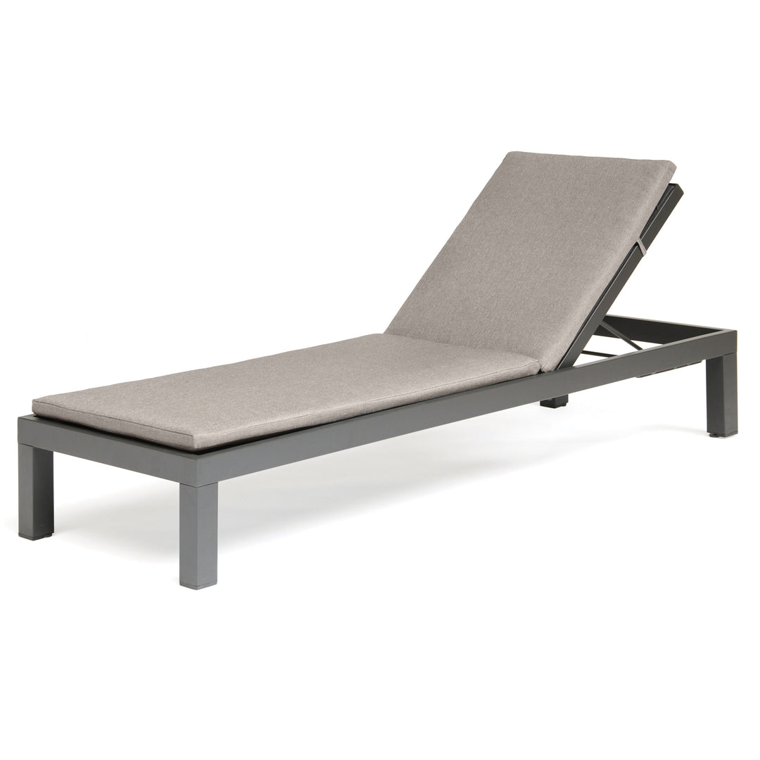 Elba Multi-Position Lounger with Cushion features a charcoal frame and weather-resistant cast silver cushion with six reclining positions.