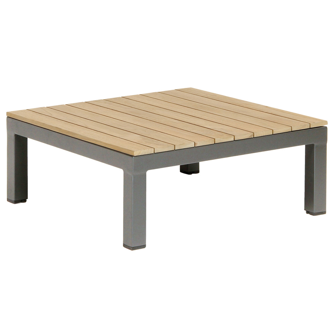 29-inch Elba Comfort Aluminum Coffee Table With Teak Top featuring rustproof charcoal frame and solid FSC-certified teak slats.