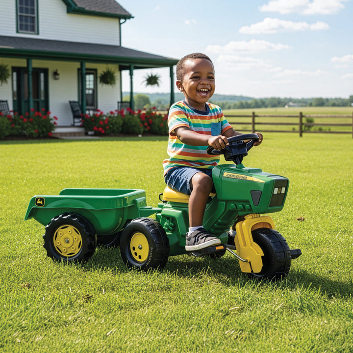 John Deere 3-Wheeled Pedal Tractor With Trailer