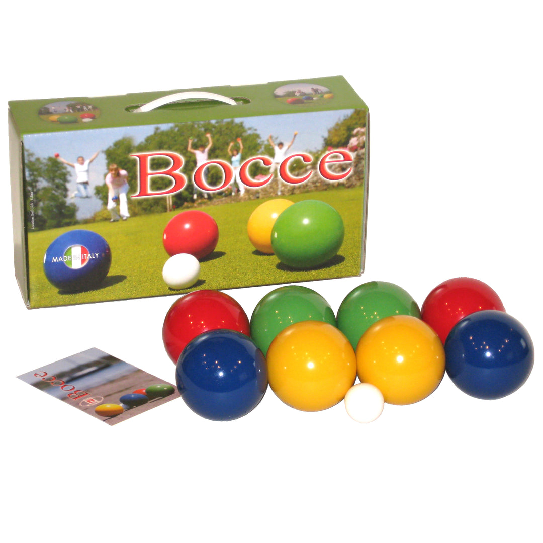 Junior Bocce Set with eight colorful wooden balls, one white jack ball, rules, and storage box made in Italy.