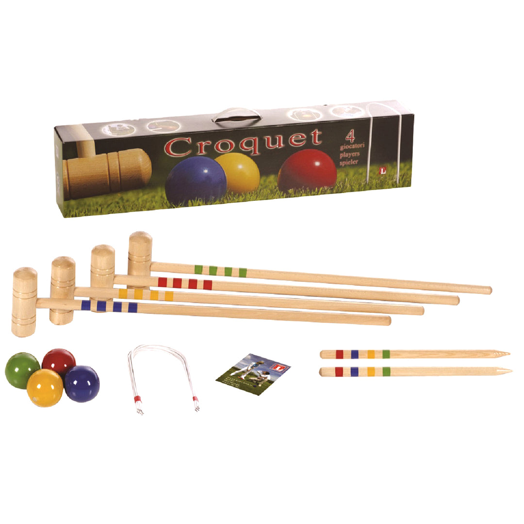 4-Player Croquet Set with four wooden mallets, four balls, wickets, pegs, and instructions in a storage box.