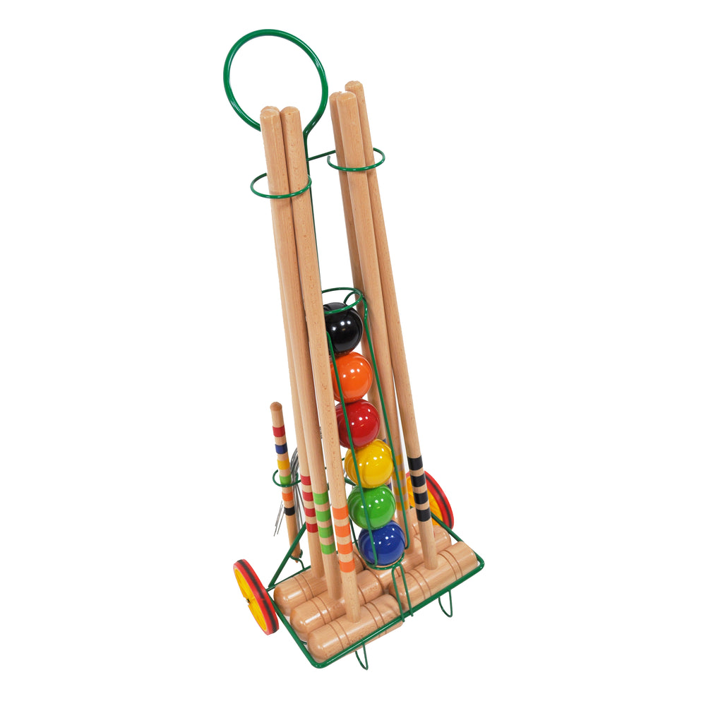 6-Player Croquet Set with Metal Trolley featuring wooden mallets, colored balls, wickets, pegs, and a wheeled storage cart.
