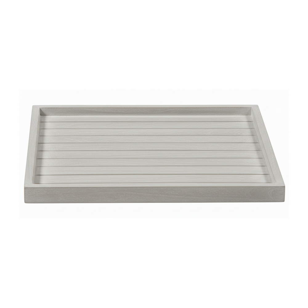 Rectangular gray teak tray on a white background