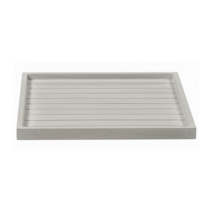 Rectangular gray teak tray on a white background