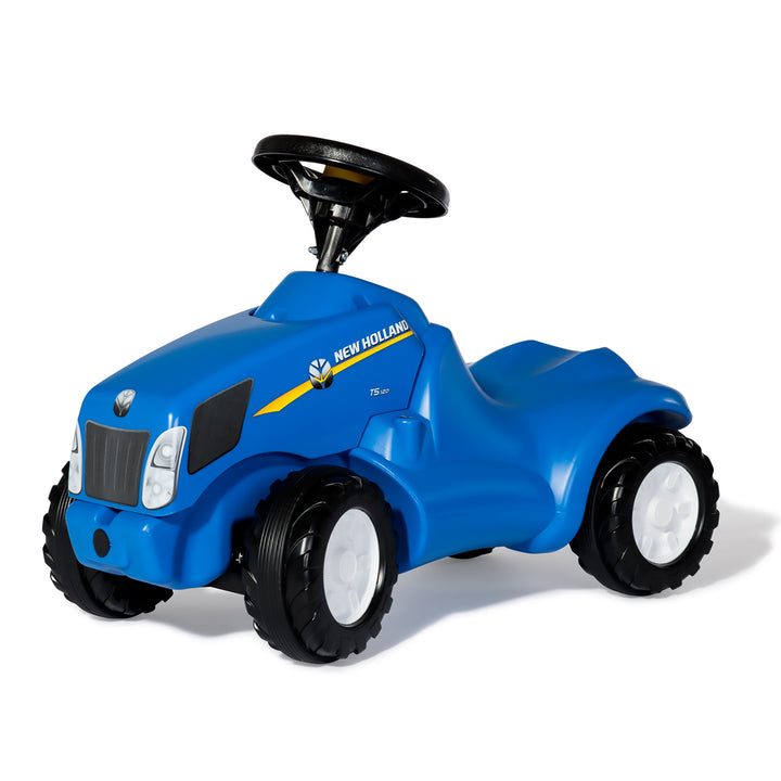 New Holland Minitrac ride-on toy for kids 18 months to 4 years with squeaky horn and lifting hood storage.