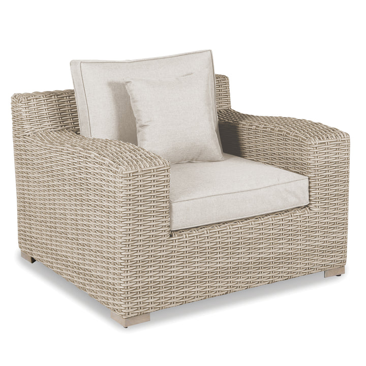 Palma Luxe Lounge Set single lounge chair with handwoven oyster weave and light beige cushions