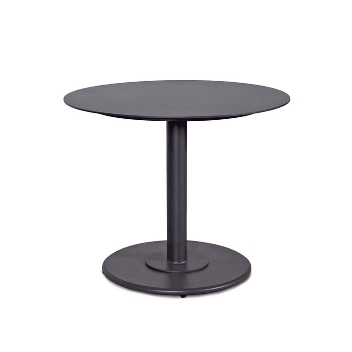 Cafe Milano Bistro Table with round charcoal grey aluminum top and sturdy steel base for outdoor use.