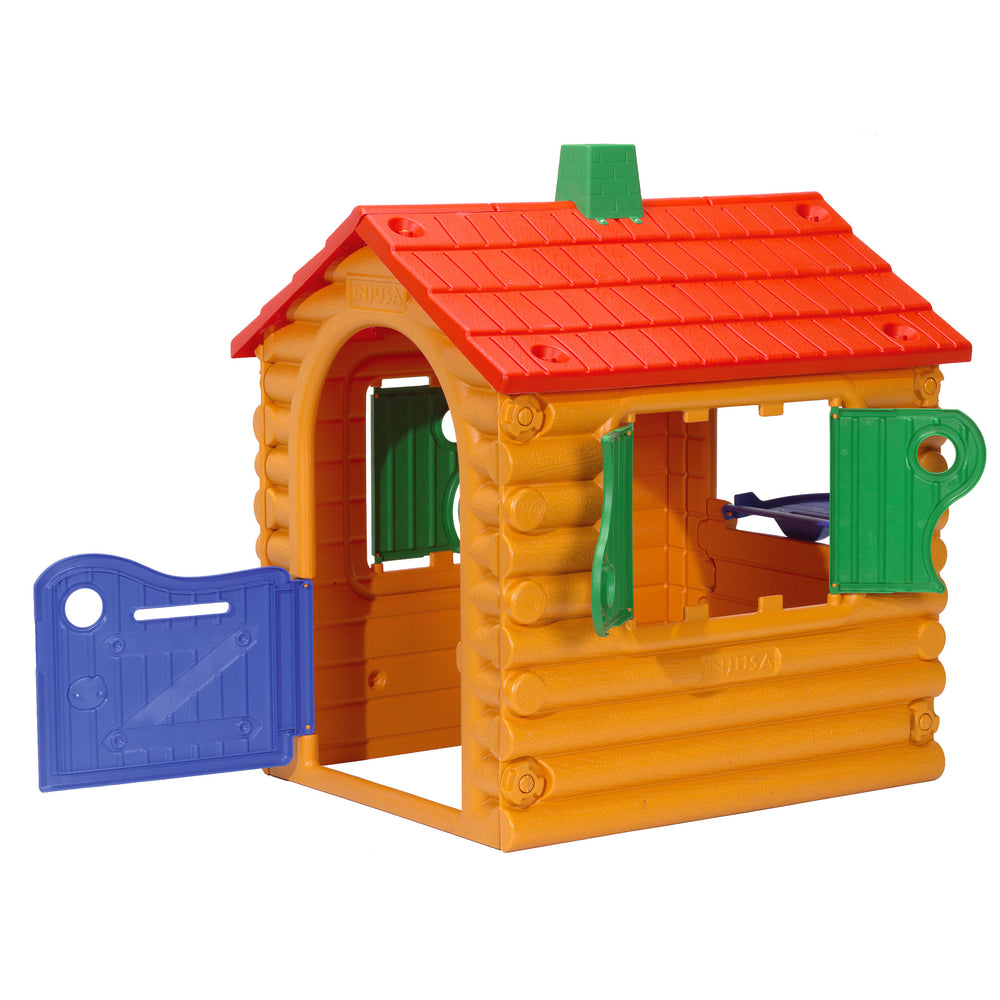 Hut Playhouse with red roof, green shutters, blue half door, and log cabin style for children's play.