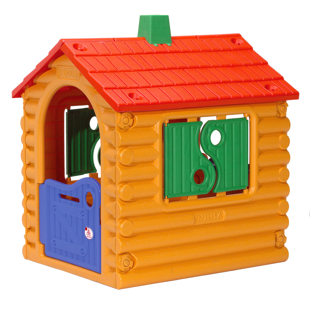 Hut Playhouse kids log cabin style playhouse with red roof, green shutters, blue half door, and faux chimney.