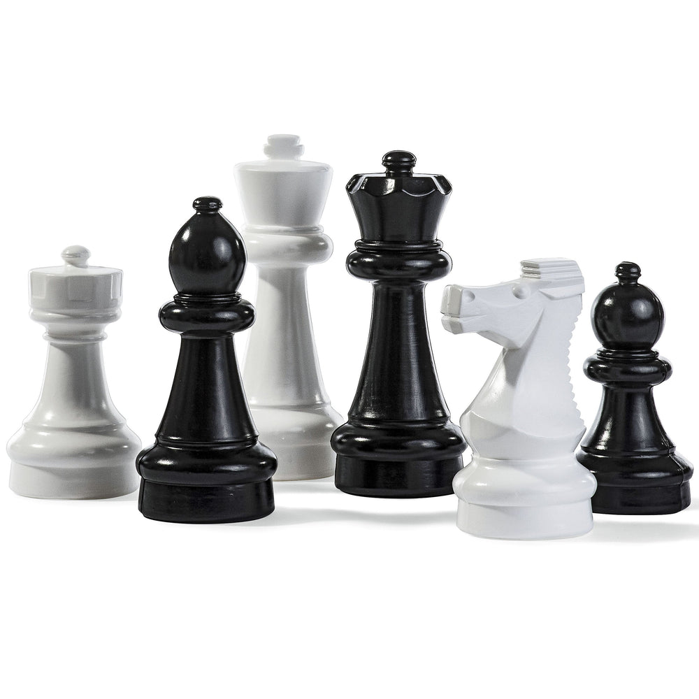 Mini - Giant Chess Set features large black and white durable PVC chess pieces for indoor and outdoor play.