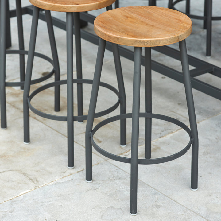 Canada Bar Stool with robust teak seat and durable lava powder-coated aluminum frame for indoor or outdoor use.