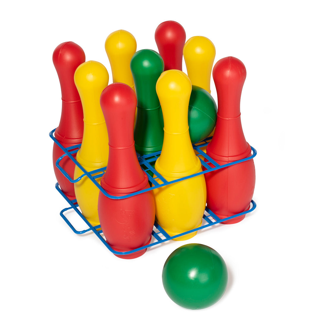 Children's Lawn Bowling set with 9 colorful pins and 2 balls in a blue metal holder for indoor and outdoor play.
