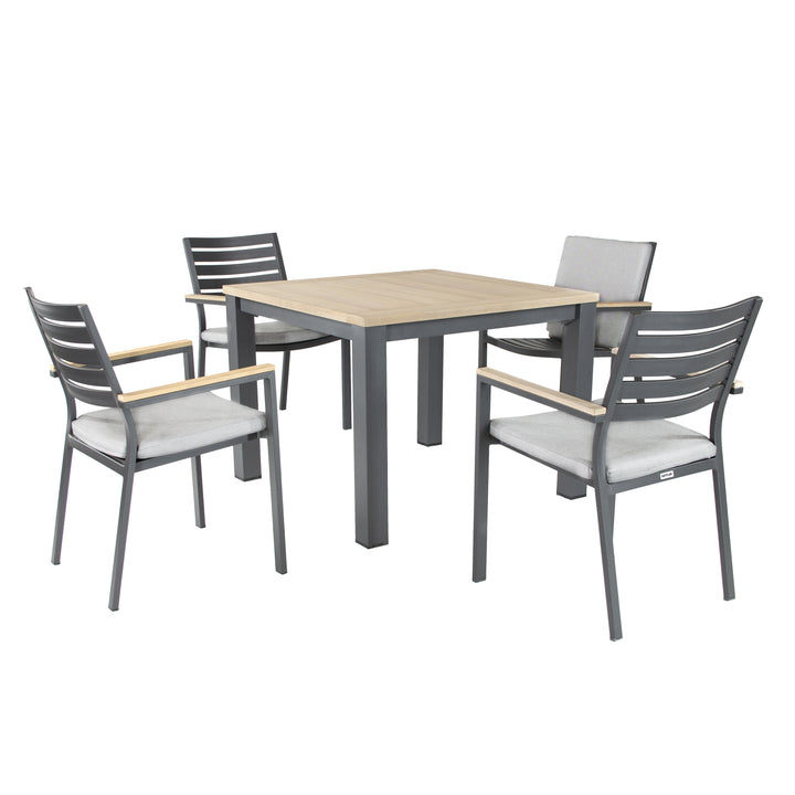 Elba 5 Piece Aluminum & Teak Dining Set with 40-inch table, charcoal frame, teak top, and cushioned chairs.
