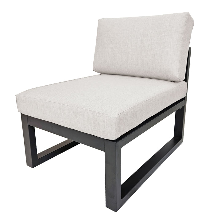 Elba Comfort Armless Chair with charcoal aluminum frame and cast silver acrylic cushions for outdoor patio use