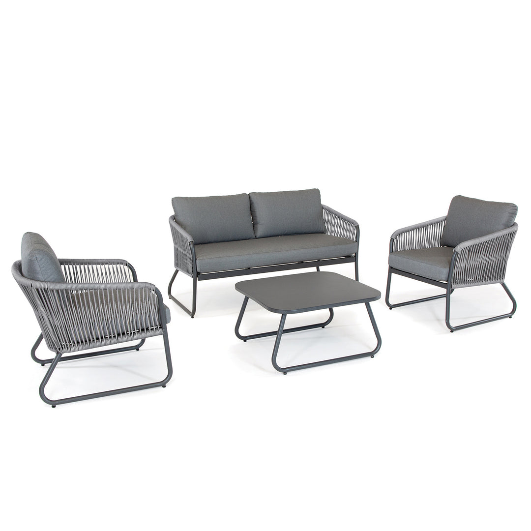 Kingston Aluminum Lounge Set with charcoal aluminum frame, cast slate cushions, loveseat, two chairs, and coffee table.