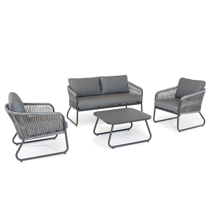 Kingston Aluminum Lounge Set with charcoal aluminum frame, cast slate cushions, loveseat, two chairs, and coffee table.