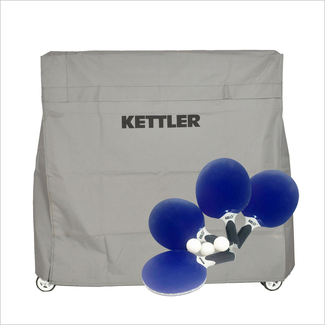 Berlin Pro Outdoor Table Tennis Table 4-Player Bundle with cover, four blue rackets, and six white balls.