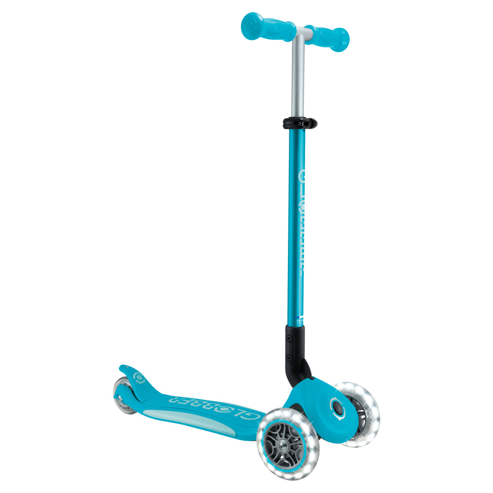 Elite Scooter in aqua with LED front wheels, adjustable T-bar, and patented folding system for kids ages 3 to 9.