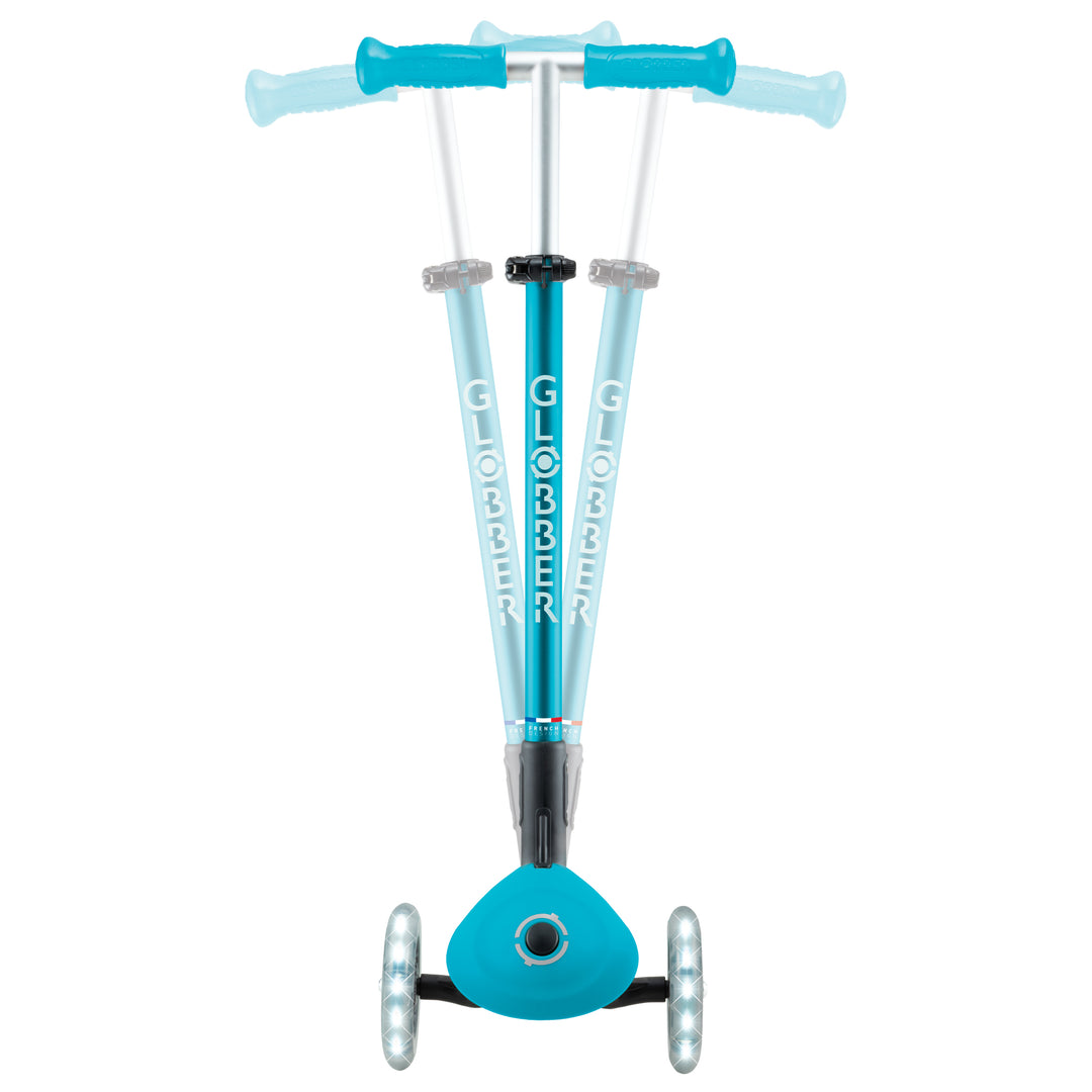Elite Scooter in aqua with adjustable T-bar, glowing LED front wheels, and patented folding system for kids ages 3 to 9.