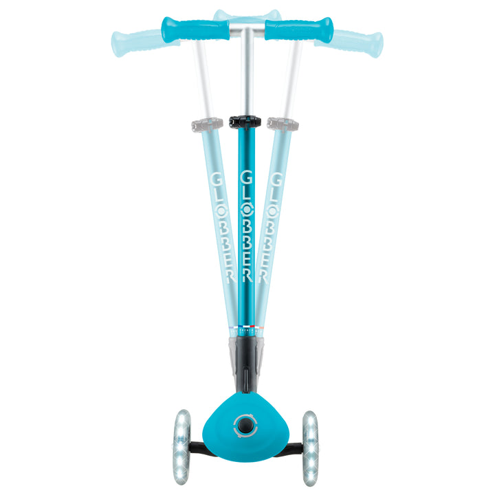 Elite Scooter in aqua with adjustable T-bar, glowing LED front wheels, and patented folding system for kids ages 3 to 9.