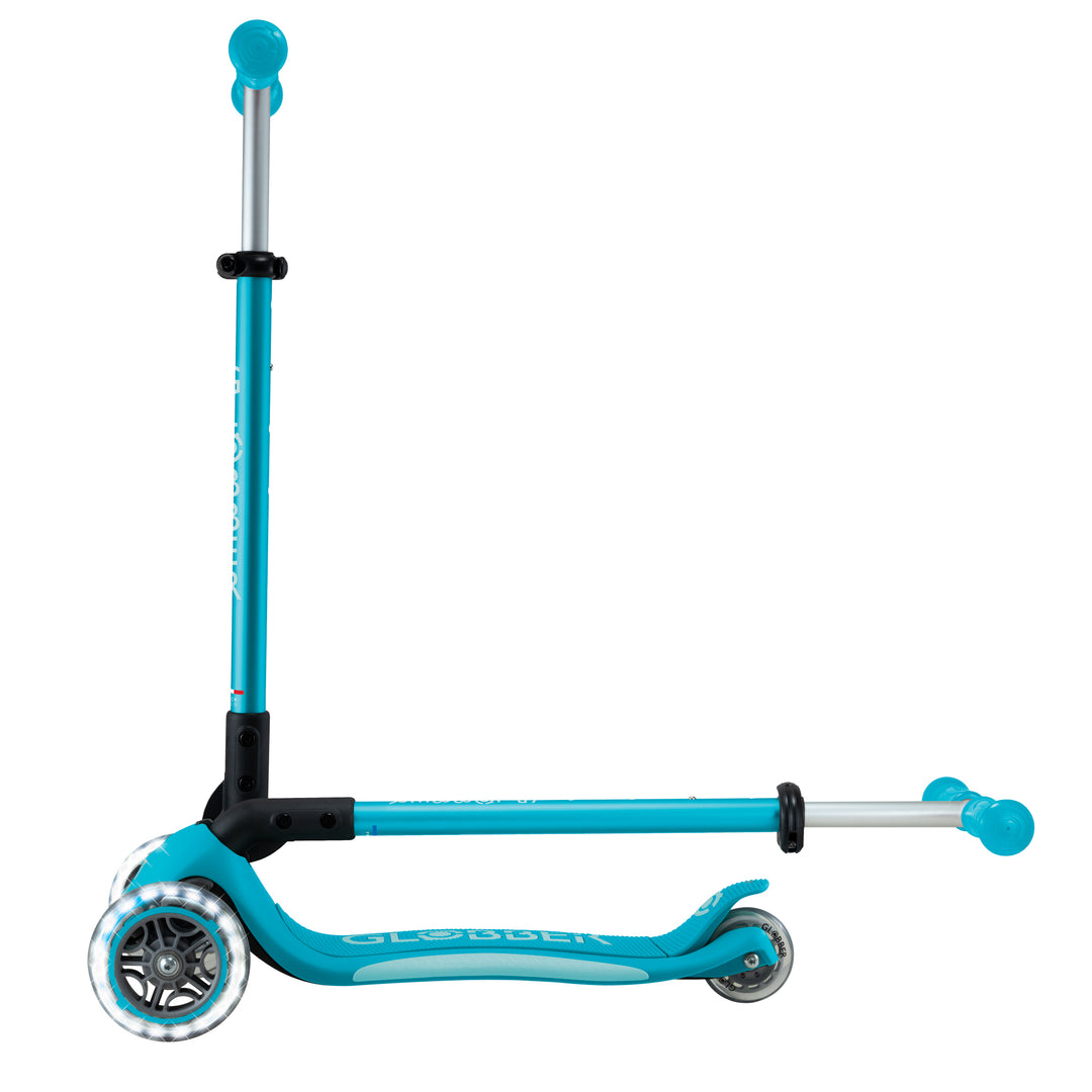Elite Scooter in aqua with LED front wheels, adjustable T-bar, patented folding system, and steering lock for kids 3-9 years.
