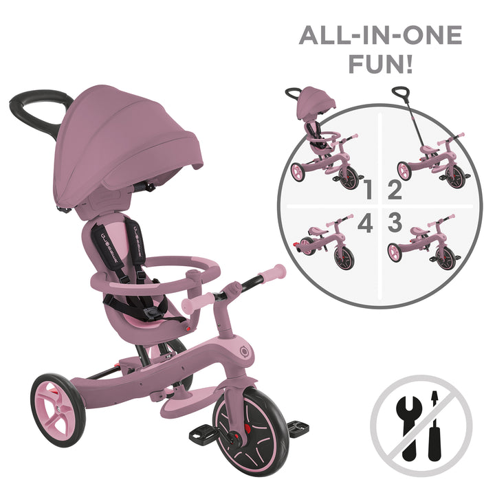 Explorer Trike Eco 4-in-1 in berry color showing its four modes and adjustable features without tools needed.