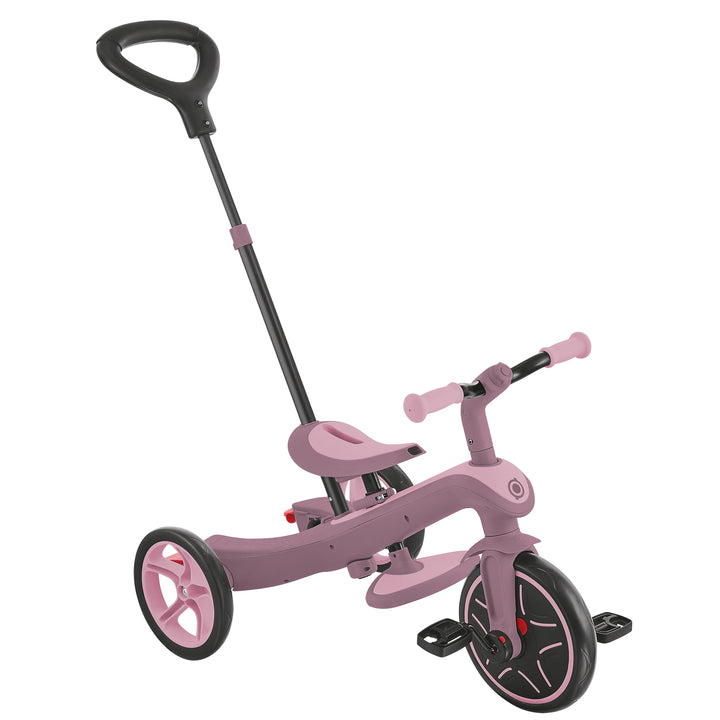 Explorer Trike Eco 4-in-1 in berry pink with adjustable handle, seat, and ergonomic grips for toddlers ages 10 months to 5 years.