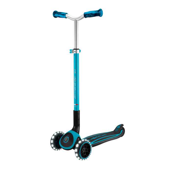 Ace Scooter in aqua with three wheels, adjustable T-bar, wide deck, and battery-free light-up wheels.