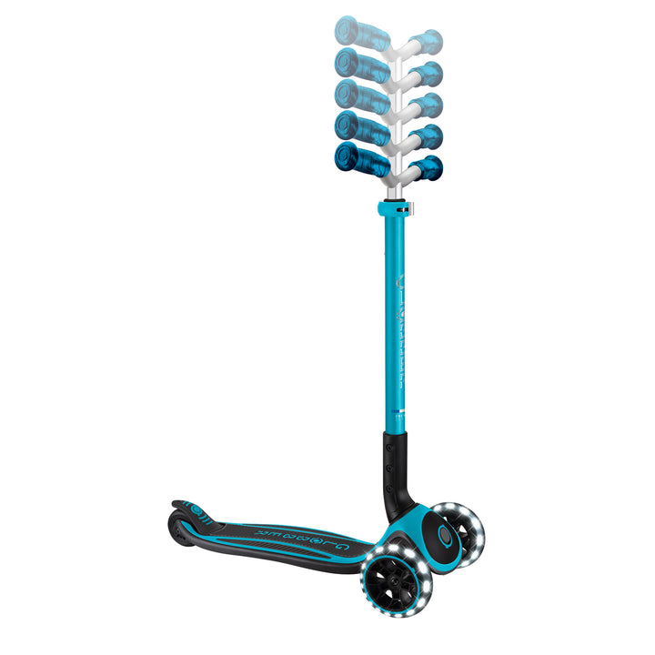 Ace Scooter in aqua with adjustable T-bar, wide deck, and light-up LED front wheels for kids and adults.