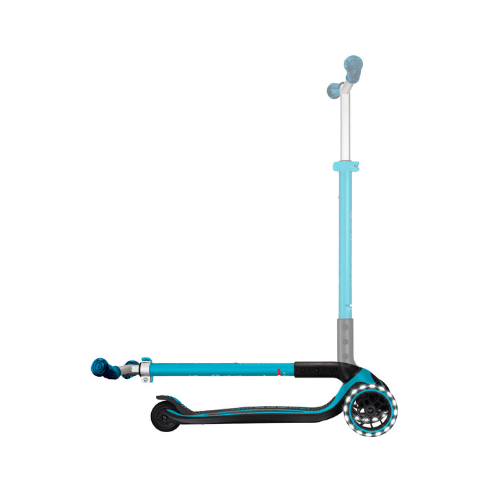 Folded Ace Scooter in aqua with light-up wheels and adjustable T-bar for kids and adults.