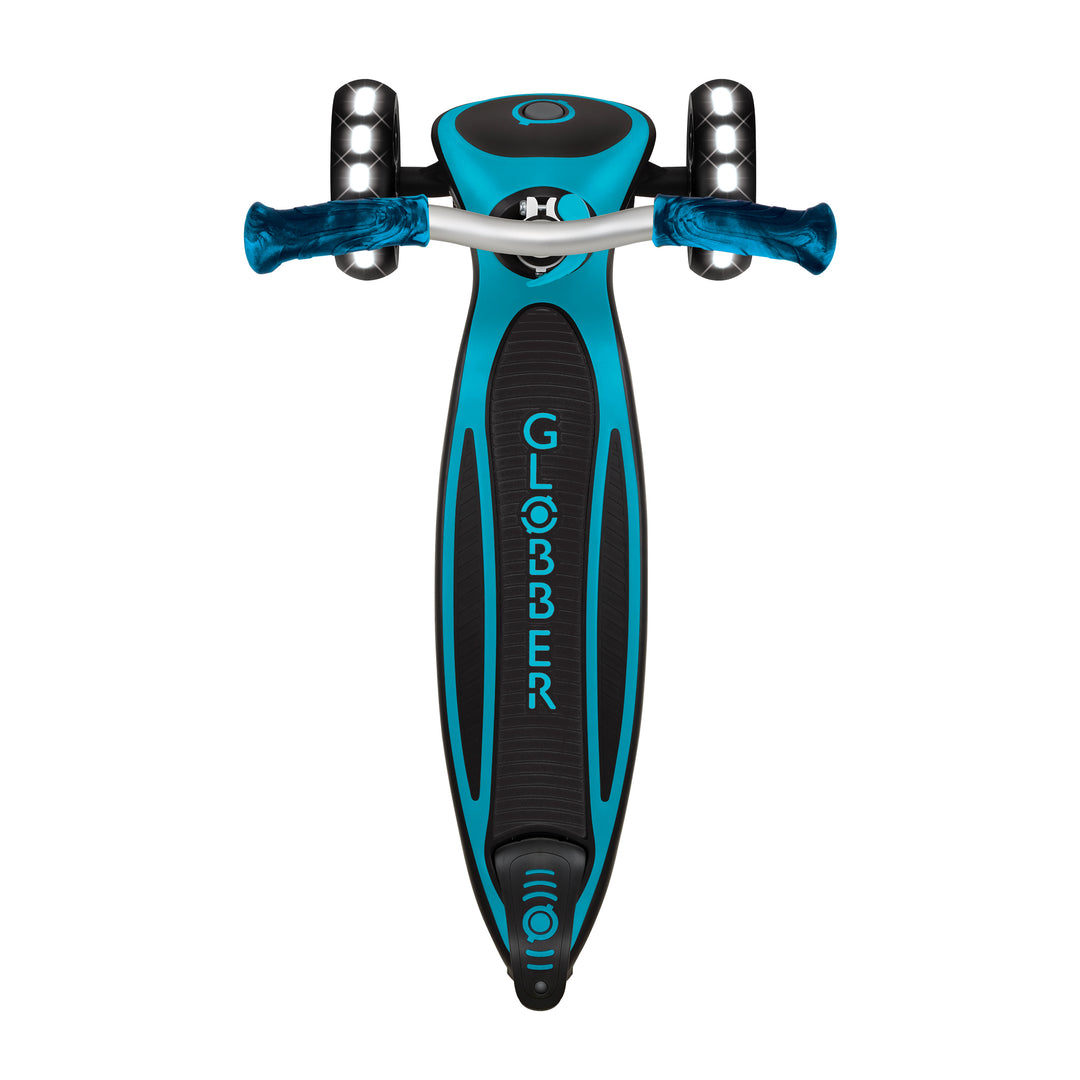 Top view of the Aqua Ace Scooter with LED light-up wheels and adjustable handlebars for kids and adults.