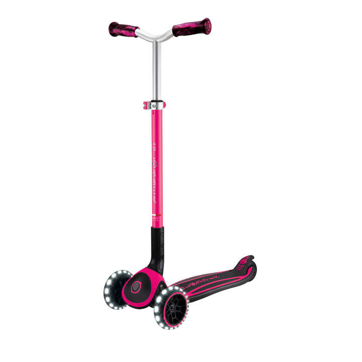 Ace Scooter in fuchsia with 3 wheels, LED light-up, adjustable T-bar, wide deck, and folding trolley system.