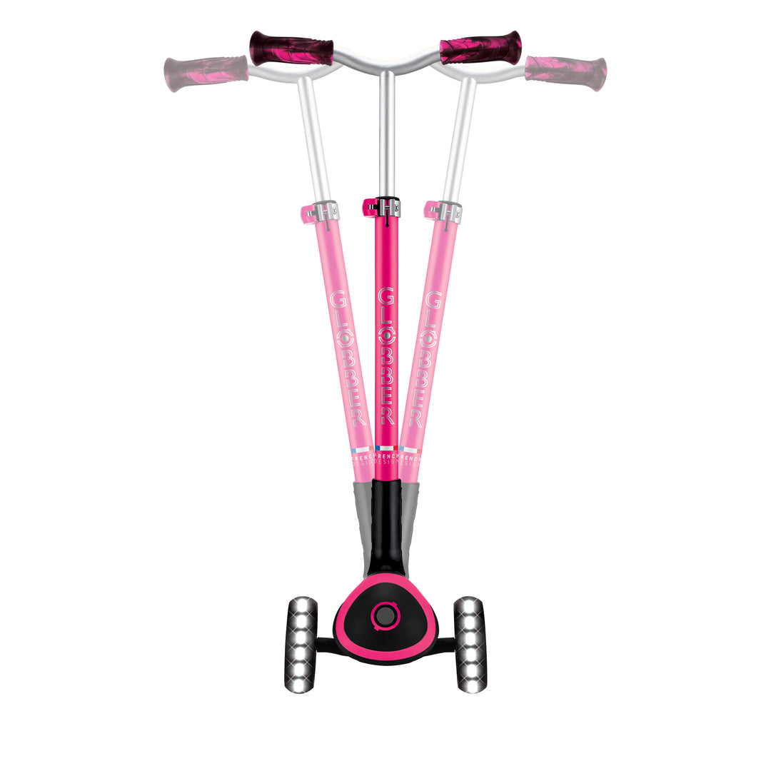Ace Scooter in fuchsia with adjustable T-bar, three wheels, and LED light-up front wheels for kids and adults.