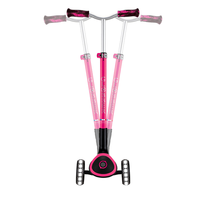 Ace Scooter in fuchsia with adjustable T-bar, three wheels, and LED light-up front wheels for kids and adults.