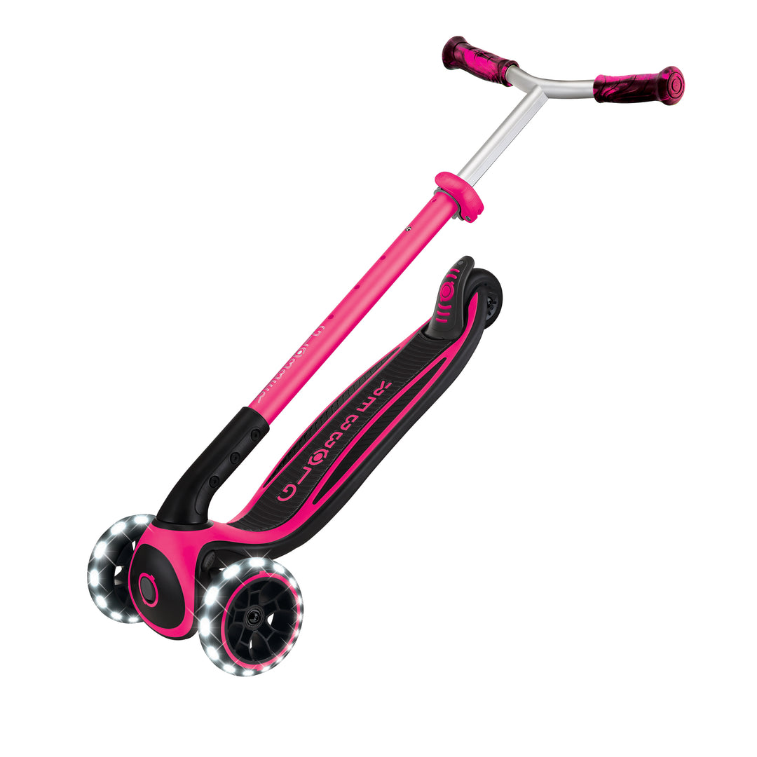 Ace Scooter in fuchsia with three LED light-up wheels, adjustable T-bar, and wide deck for kids and adults.