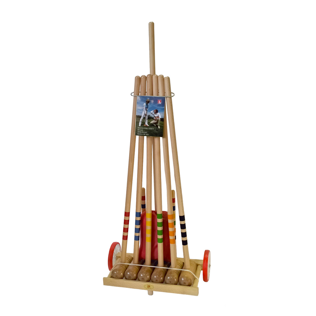 6-Player Croquet Set with Wooden Trolley including six mallets, balls, wickets, and a wheeled wooden cart for storage.