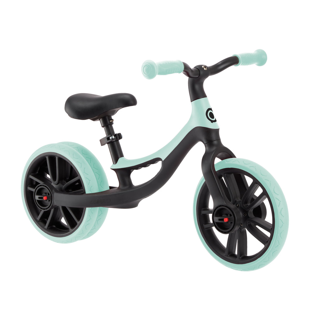 Go Bike Elite Duo Balance Bike in mint with dual rear wheels, adjustable saddle, and ergonomic handles for toddlers.