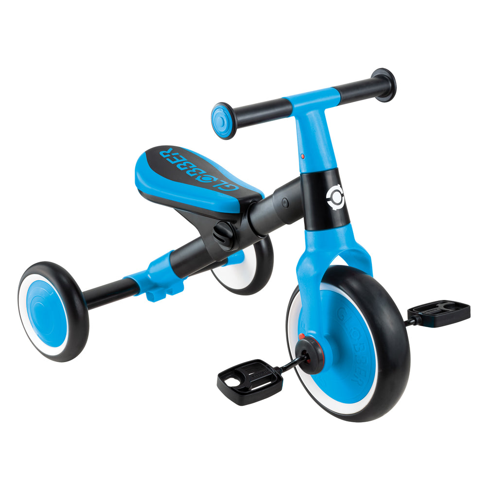 Learning Trike 2-in-1 in sky blue with sturdy metal frame, removable pedals, and adjustable training trike to walking bike design.