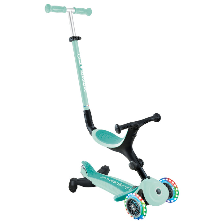 Go Up Active 360 Scooter in mint with 3 light-up wheels, adjustable seat, and 360° parent steering for kids 3-9 years.