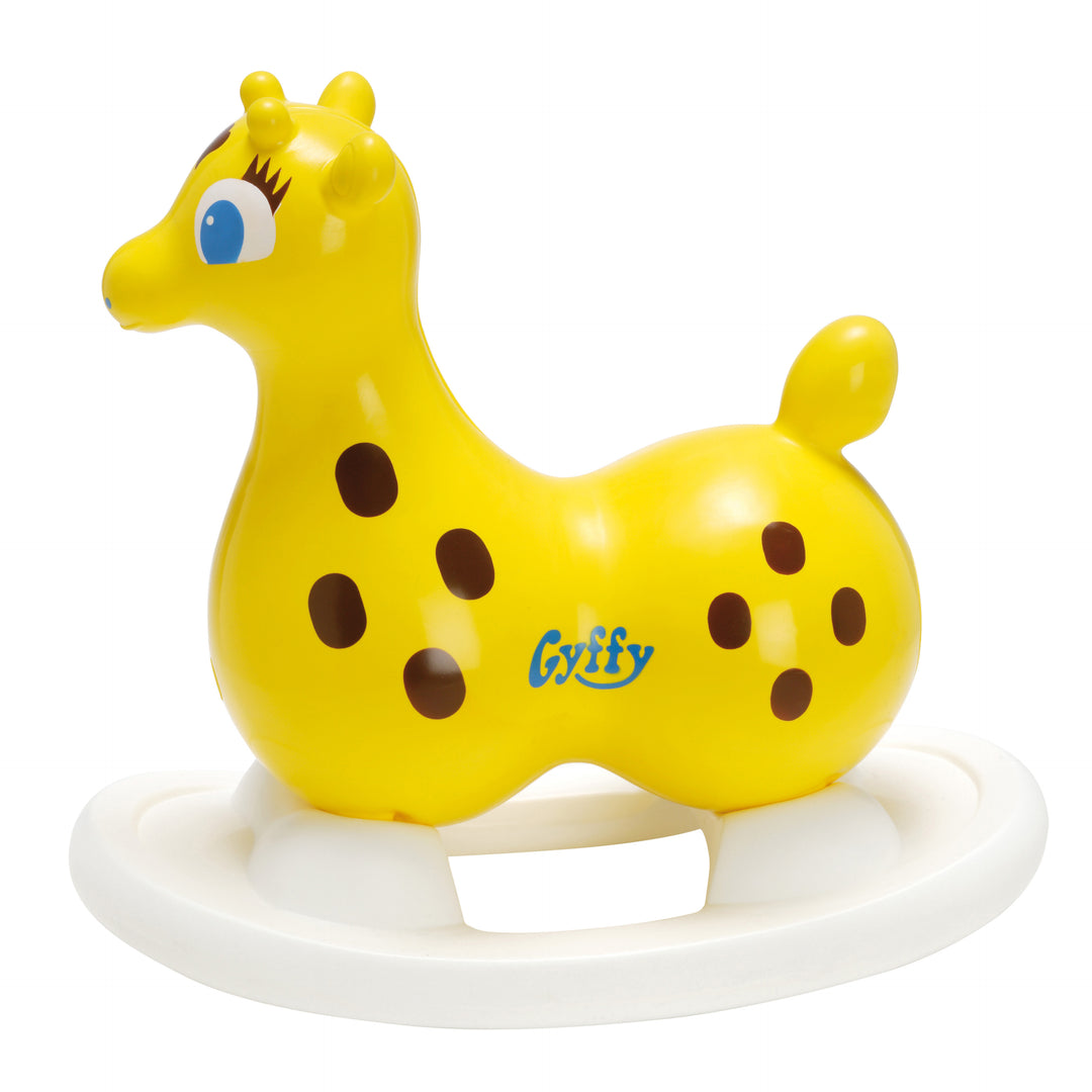 Gyffy The Giraffe Bounce Toy With Rocking Base inflatable yellow giraffe toy with removable white rocking base for kids.